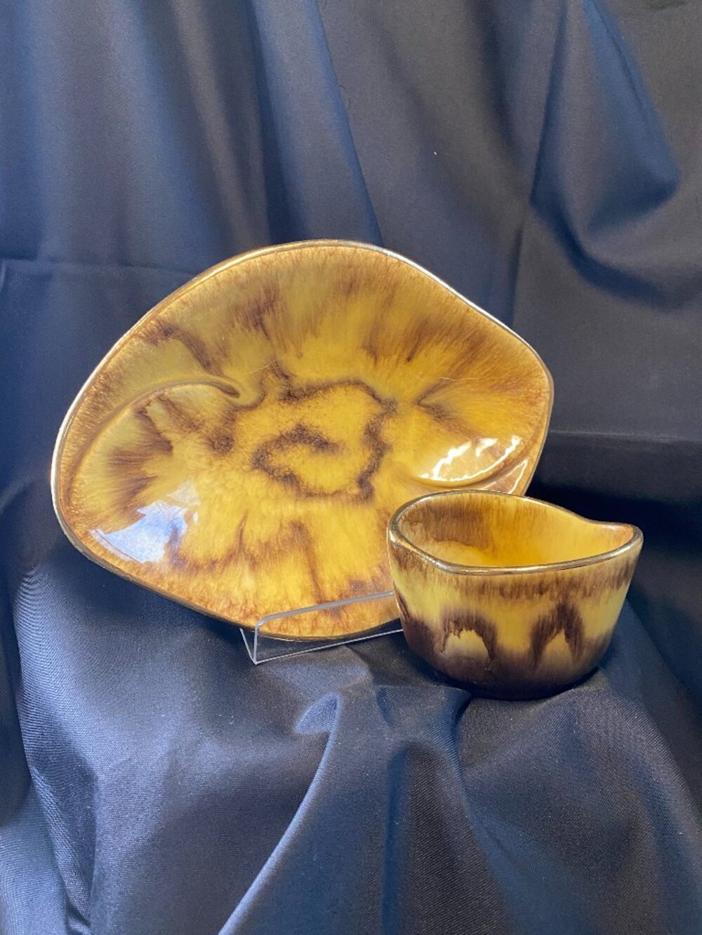 Vintage MCM West Germany Fat Lava Pottery Style Bowl & Vase Yellow/Brown Glaze